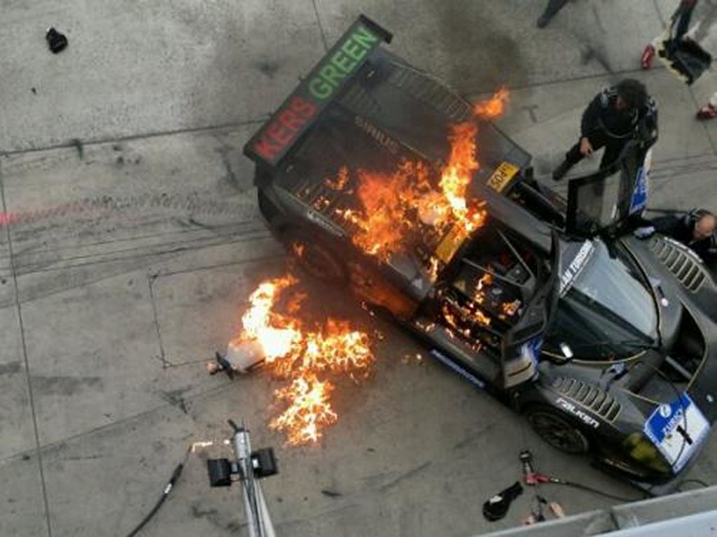 Ferrari P4/5 racecar in flames at the Nurburgring 24 Hours